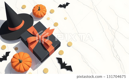 Halloween Party Decorations with Jack-o-Lanterns, Bats, and Gift Box on Marble Surface 131704675