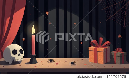 Spooky Halloween Decor with Skull, Candle, and Gifts on Table in Dark Room 131704676