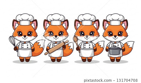 Cute Fox Mascots in a Row  Kawaii Vector Collection 131704708