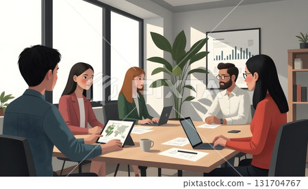 Business Meeting with Diverse Team in Modern Office Space Collaborating on Project 131704767