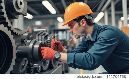Worker in Safety Gear Performing Precision Maintenance on Industrial Machinery 131704768