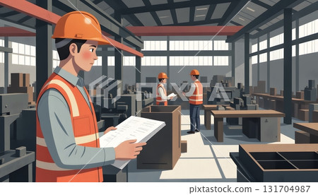 Construction Workers Inspecting Documents in Industrial Warehouse Setting 131704987