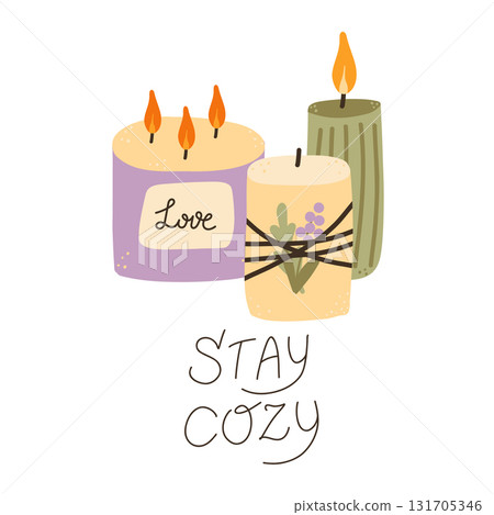 Cozy time, stay cozy illustration. Composition with candles. Fall season vector illustration. Cozy time, stay cozy illustration. Composition with candles. Fall season vector illustration. 131705346