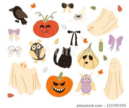 Happy Halloween set of isolated design elements. Hand drawn spooky and cute clipart bundle on white. Pumpkin, ghost, spider, black cat. 131705350