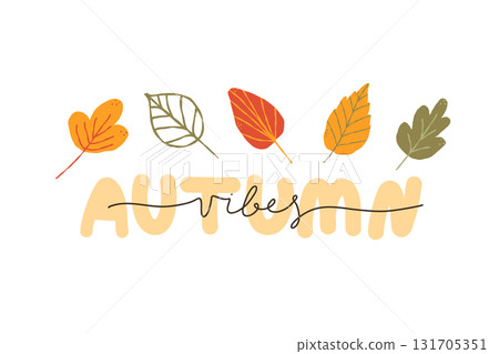 Autumn vibes, fall season decoration. Botanical design with floral elements, forest foliage, leaves. Natural decor. Flat vector illustration isolated on white background 131705351