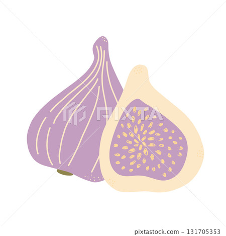 Figs, tropical fruit vector illustration. Isolated whole exotic fresh fruit, cut in half with seeds texture for summer healthy dessert, ripe figs for eating and food ingredient for cooking 131705353