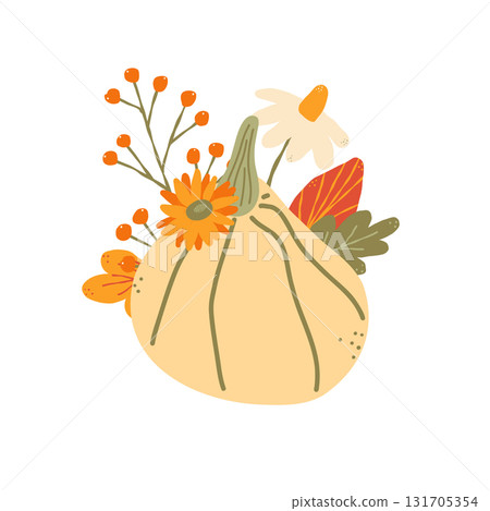Colorful autumn pumpkin and forest leaves and flowers clipart. Vector illustration Isolated on white background. Seasonal harvest design for greeting or poster. 131705354
