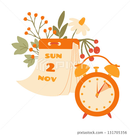 Fall Back in USA and Canada 2025, change clock back one hour, Daylight Saving Time Ends web reminder banner in flat style. Clocks with arrow hand turning back an hour. Flat aesthetic web banner. 131705356