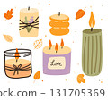 Various autumn Candles. Different shapes and sizes. Decorative fall wax candles with leaves and autumn elements. Vector illustration 131705369