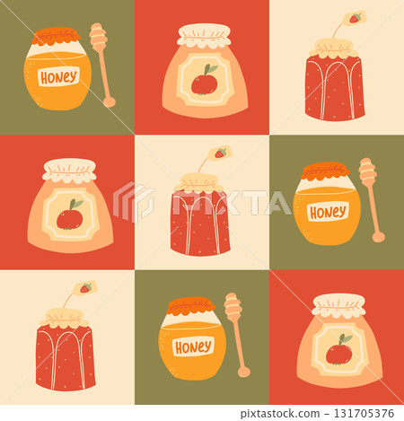 Patchwork seamless pattern with jams. Seamless pattern for fabric, textiles, clothing, wrapping paper, cover, banner, home decor, abstract background. 131705376