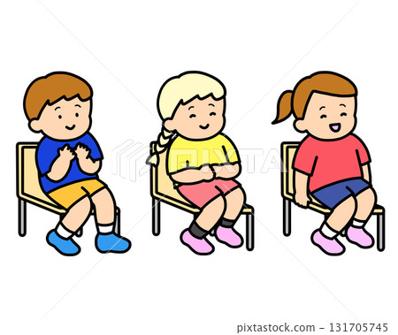 Three Caucasian children listening to a lecture, no hands raised, no desks 131705745