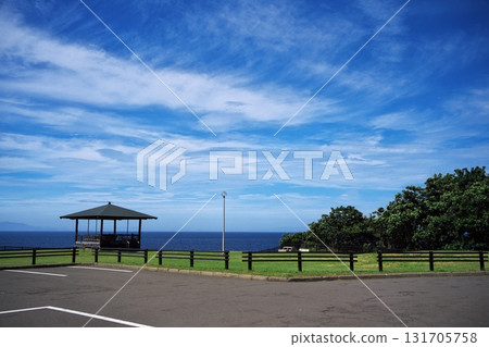 Tsugaru Peninsula in summer: Ikumazaki Campground and gazebo Tsugaru Peninsula in summer: Ikumazaki Campground and gazebo 131705758