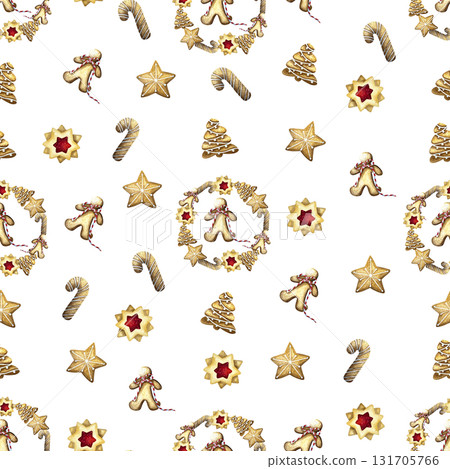 Christmas baking pattern with gingerbread houses, tree, cookies, candy cane.Cozy winter wallpaper. Watercolor illustration for wrapping paper, wallpaper, package design.  131705766