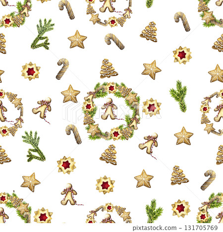 Christmas baking pattern with gingerbread houses, tree, cookies, candy cane.Cozy winter wallpaper. Watercolor illustration for wrapping paper, wallpaper, package design.  131705769