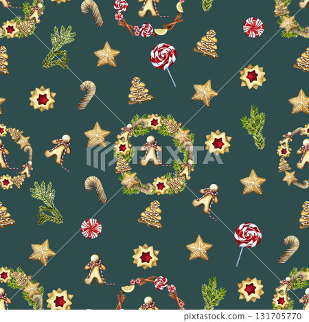 Christmas baking pattern with gingerbread houses, tree, cookies, candy cane.Cozy winter wallpaper. Watercolor illustration for wrapping paper, wallpaper, package design. Christmas baking pattern with gingerbread houses, tree, cookies, candy cane.Cozy winter wallpaper. Watercolor illustration for wrapping paper, wallpaper, package design. 131705770