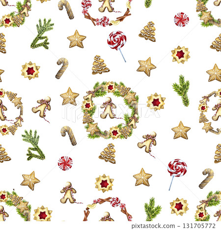 Christmas baking pattern with gingerbread houses, tree, cookies, candy cane.Cozy winter wallpaper. Watercolor illustration for wrapping paper, wallpaper, package design.  131705772
