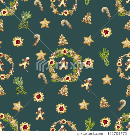 Christmas baking pattern with gingerbread houses, tree, cookies, candy cane.Cozy winter wallpaper. Watercolor illustration for wrapping paper, wallpaper, package design.  131705773