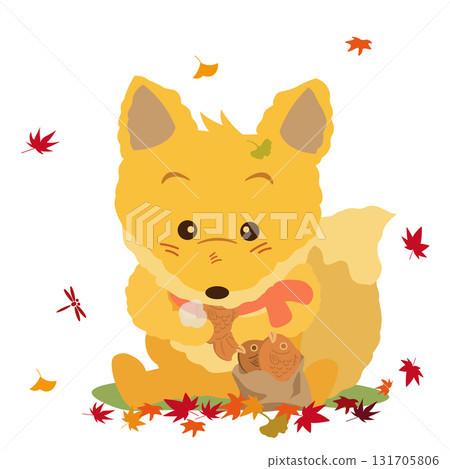 Illustration of autumn leaves and a stuffed fox eating a taiyaki Illustration of autumn leaves and a stuffed fox eating a taiyaki 131705806