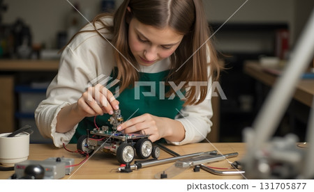 Young Girl Assembles Robotic Vehicle in Workshop with Enthusiastic Focus and Precision Young Girl Assembles Robotic Vehicle in Workshop with Enthusiastic Focus and Precision 131705877