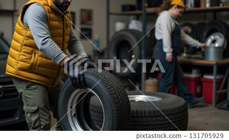 Man Lifts Tire in Automotive Workshop with Woman Organizing Tools in Background 131705929