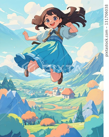 Illustration of a girl playing in the mountains 131706038