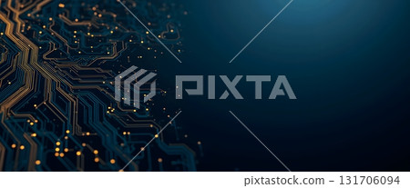 Abstract Circuit Board Background with Glowing Lines and Dots in Dark Space Abstract Circuit Board Background with Glowing Lines and Dots in Dark Space 131706094