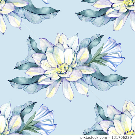 Floral seamless background watercolor. Water Lily seamless pattern. Floral background with Water Lily. July birth month flower. Botanical Background for wallpapers, wrapping paper, textile Floral seamless background watercolor. Water Lily seamless pattern. Floral background with Water Lily. July birth month flower. Botanical Background for wallpapers, wrapping paper, textile 131706229