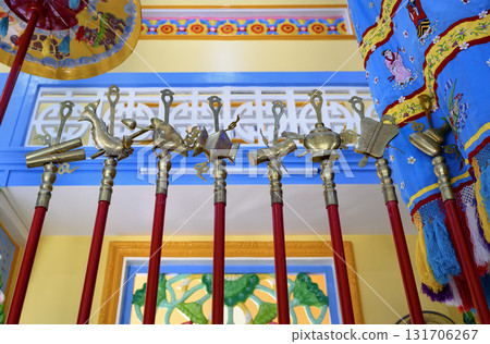 Religious symbols in the temple of the syncretic religion of Khao Dai, unique to Vietnam 131706267