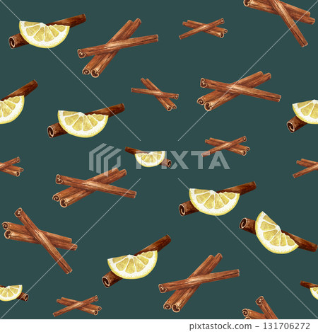 Christmas baking  seamless pattern with lemon and cinnamon sticks . Cozy winter wallpaper. Watercolor illustration for wrapping paper, wallpaper, package design.  131706272