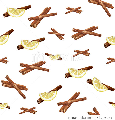 Christmas baking  seamless pattern with lemon and cinnamon sticks . Cozy winter wallpaper. Watercolor illustration for wrapping paper, wallpaper, package design.  131706274