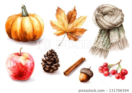 Autumn-themed watercolor illustration featuring pumpkin, apple, maple leaf, and cozy scarf 131706394
