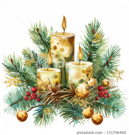 Three decorative candles surrounded by evergreen branches and festive ornaments for holiday ambiance 131706408
