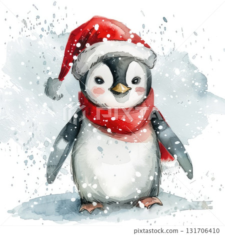 Adorable penguin wearing a red Santa hat and scarf in a snowy winter wonderland illustration 131706410
