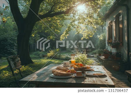 Breakfast table with fresh fruits and pastries in a serene garden with sunlight filtering through trees 131706437