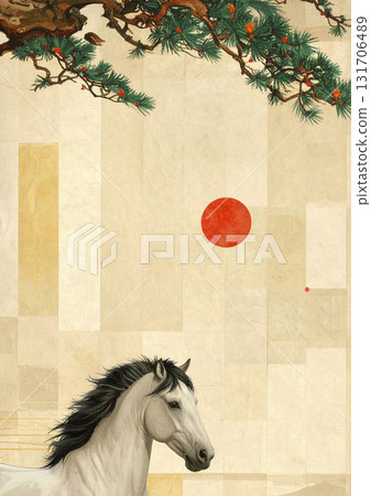 帶有十二生肖馬和日本圖案的新年賀卡背景插圖素材生成ai 131706489