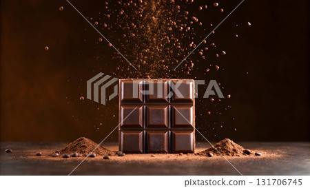 Dark chocolate bar surrounded by cocoa powder and cocoa beans in a dramatic setting 131706745