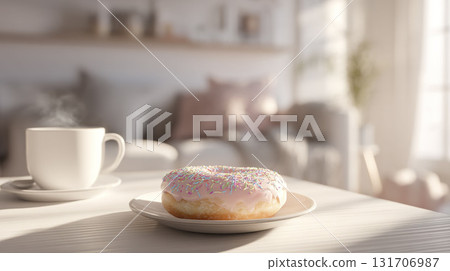 Frosted donut and coffee mug on table. AI-generated item 131706987