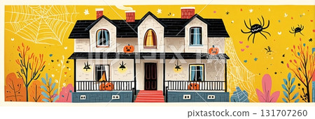 Charming house decorated for Halloween showcases glowing carved pumpkins on the steps amid colorful autumn flowers and playful spiders, enhancing the festive spirit of the season, banner 131707260
