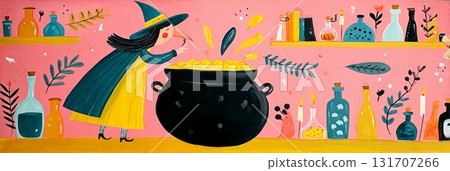In a cheerful autumn atmosphere, a young witch in a yellow cloak stirs a bubbling cauldron surrounded by colorful potions and seasonal decorations, perfect for Halloween festivities, banner 131707266