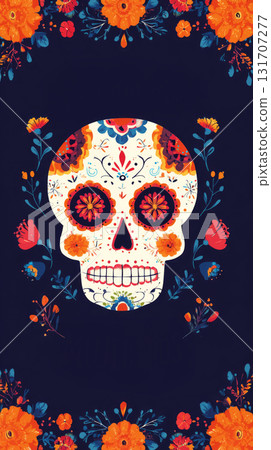 A decorative sugar skull featuring intricate designs and bright flowers on a dark blue background, symbolizing the vibrancy of Day of the Dead festivities 131707277