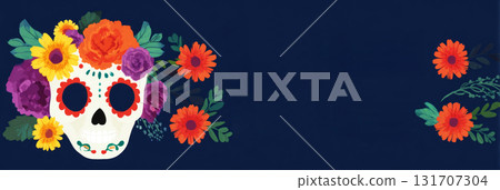 A sugar skull painted with bright colors and decorated with flowers sits against a dark background. This traditional symbol is central to Day of the Dead celebrations, honoring loved ones 131707304