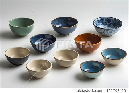 白色背景上排列的陶瓷茶碗 131707413