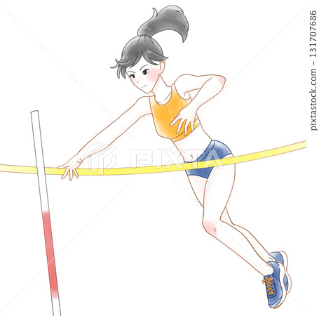 Watercolor illustration of a girl pole vaulting 131707686