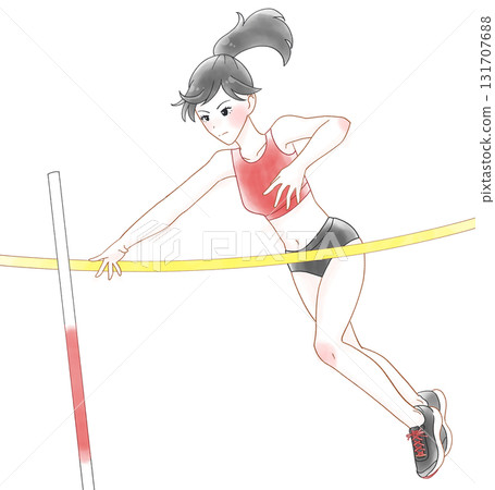 Watercolor illustration of a girl pole vaulting Watercolor illustration of a girl pole vaulting 131707688