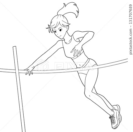 一個女孩撐竿跳的黑白插圖 一個女孩撐竿跳的黑白插圖 131707689