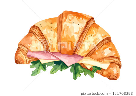 Watercolor illustration of a croissant sandwich generated by AI 131708398