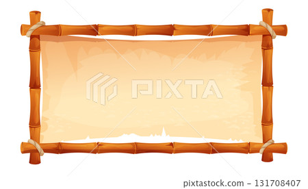 Bamboo frame with empty parchment, rope on corners. Themed projects game ui border, menu. Old paper textured, bamboo border. 131708407