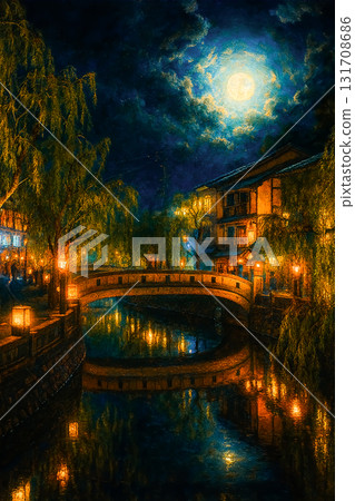 城崎溫泉街的秋夜,柳樹和橋樑在滿月的照耀下,呈現出絕美的景色 城崎溫泉街的秋夜,柳樹和橋樑在滿月的照耀下,呈現出絕美的景色 131708686