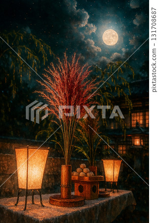 滿月和賞月裝飾：用芒草和餃子裝飾的秋夜 131708687