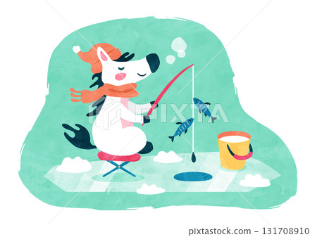 Horse fishing for smelt Winter watercolor illustration of the Year of the Horse 131708910